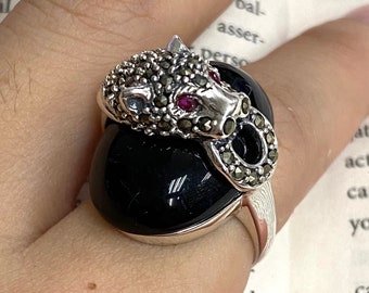 Art Deco Style Panther with Onyx, Marcasite and Ruby Ring 925 Sterling Silver