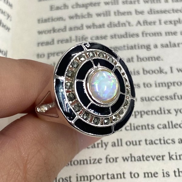 Art Deco Style Round Gilson Opal Ring with Onyx and Marcasite Stone 925 Sterling Silver