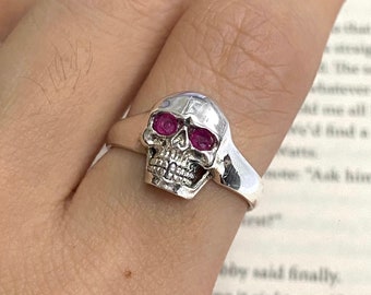Small Gothic Style Skull Ring with Ruby Stone 925 Sterling Silver