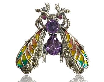 Art Nouveau Style Plique a Jour Enamel Insect Brooch and Pendant with Amethyst, Ruby and Marcasite 925 Sterling Silver