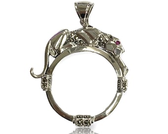Art Deco Style Panther with Marcasite, Ruby and Emerald Magnifying Glass Loop Pendant 925 Sterling Silver