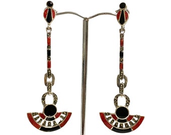 Art Deco Style Black Onyx and Red Coral Egyptian Wallace Simpson Set Pendant and Earrings with Marcasite 925 Sterling Silver