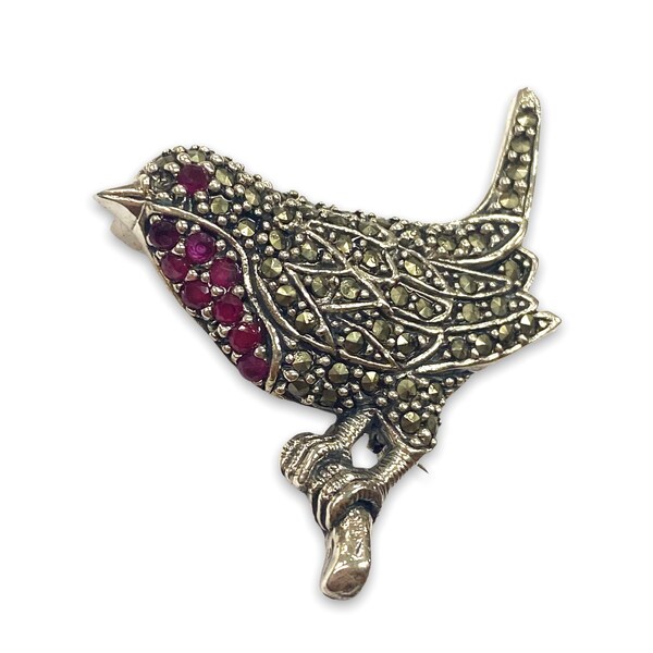 Broche et pendentif Robin Bird de style victorien avec pierre rubis et marcassite en argent sterling 925