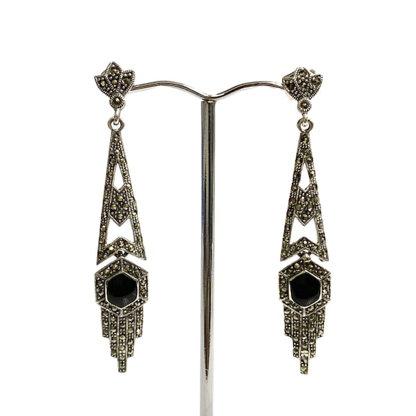 Art Deco Style Marcasite Stone with Black Onyx Earrings/Set 925 Sterling Silver