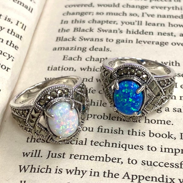 Art Deco Style Fine Gilson Opal with Marcasite Stone Ring 925 Sterling Silver