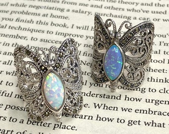 Art Deco Style Butterfly Ring with Gilson Opal and Marcasite Stone 925 Sterling Silver