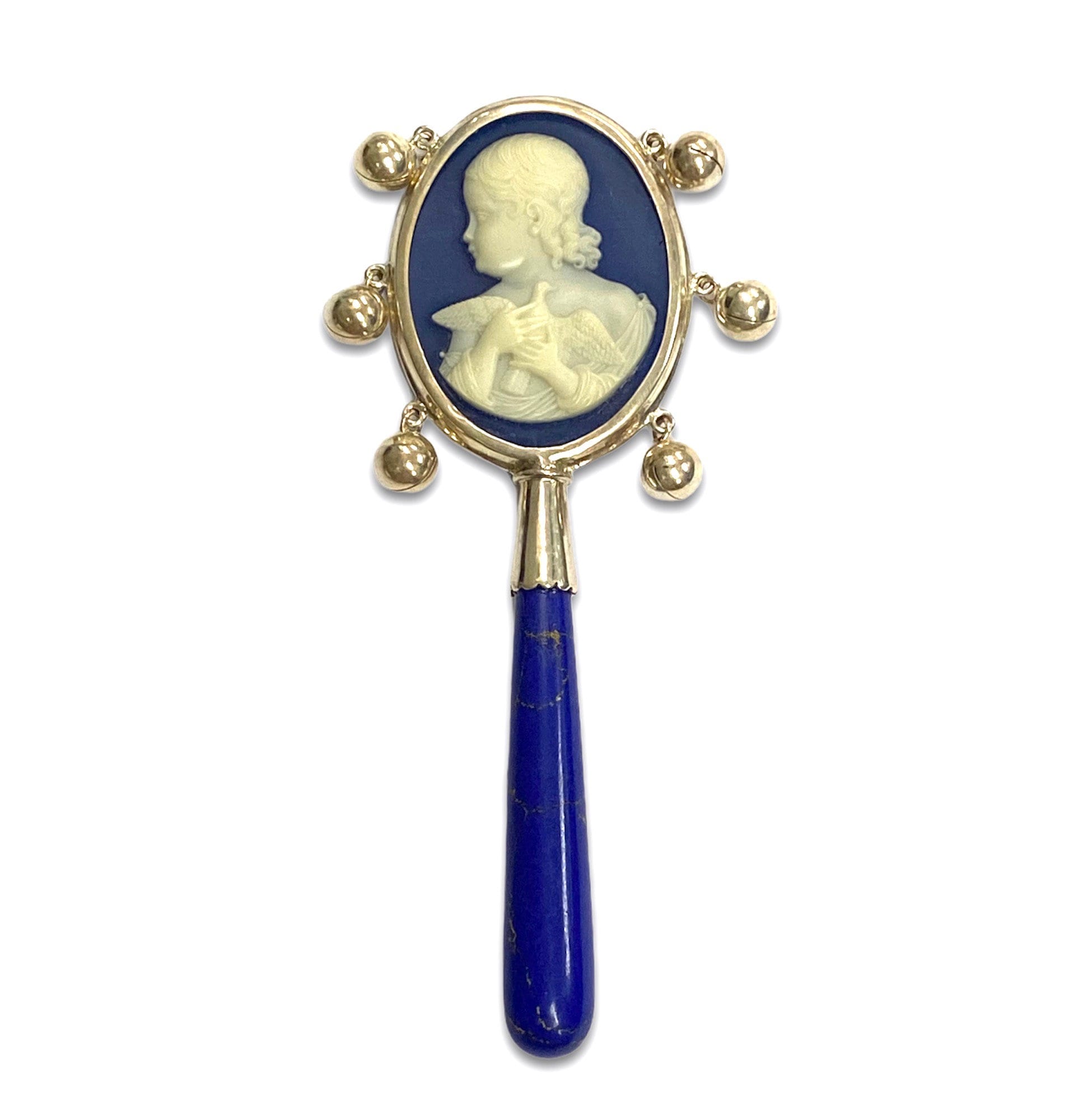 Victorian Style Teddy Bear Cameo Rattle with Carved Resin Handle 