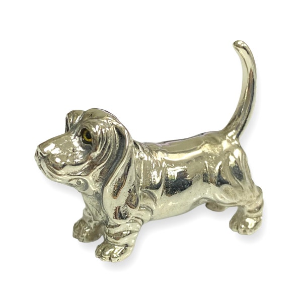 Figurine de collection de chien basset hound de style victorien avec yeux en verre en argent sterling 925