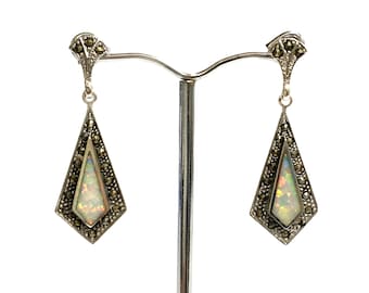 Victorian Style Fire Gilson Opal with Marcasite Stone Triangle Earrings 925 Sterling Silver