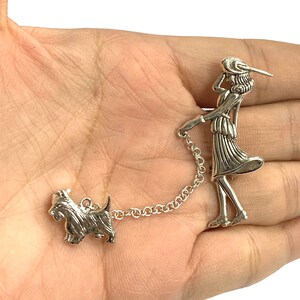 Art Déco Style Lady walking Scottish Dog Pin Broche 925 Argent Sterling image 6