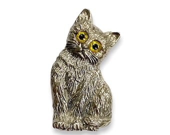 Victorian Style Lovely Cat / Kitten Sitting Brooch and Pendant with Glass Eyes 925 Sterling Silver