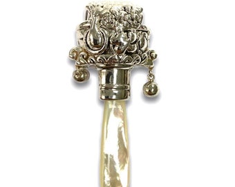 Victorian Style Noah's Ark Baby Rattle and Mother of Pearl Handle