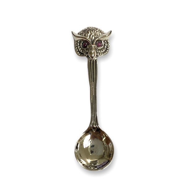 Victorian Style Wise Owl Head Salt Spoon with Ruby Stone 925 Sterling Sliver