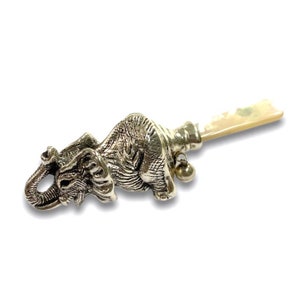 Victorian Style Elephant with Sapphire Eyes Baby Rattle and Mother of Pearl Handle