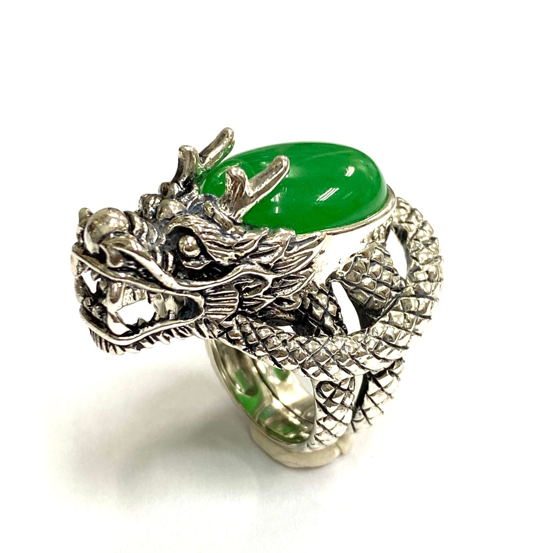 Antique Style Dragon Ring With Natural Green Jade Stone 925 Etsy