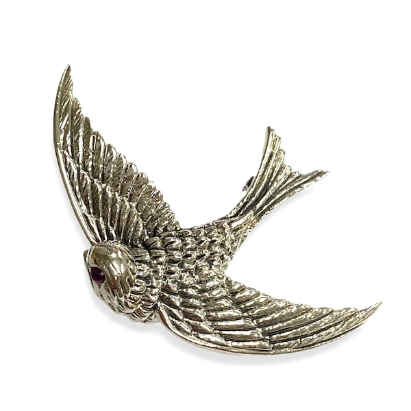 Victorian Style Flying Swallow Bird with Ruby Stone Pin Brooch 925 Sterling Silver