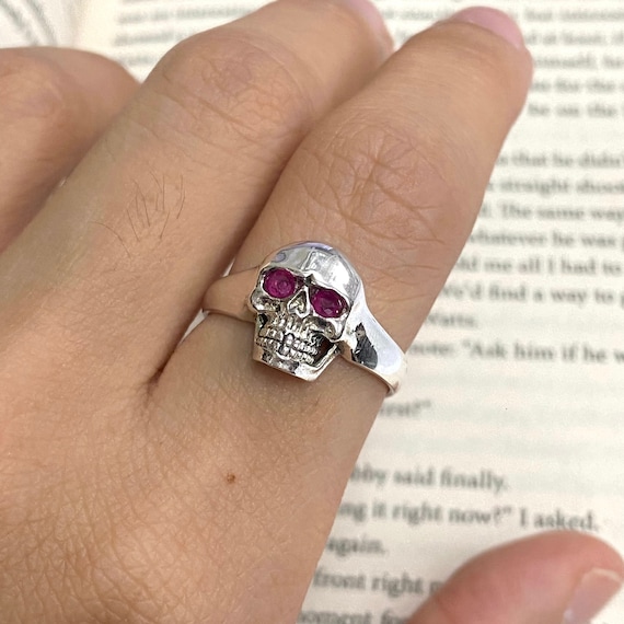 Small Gothic Style Skull Ring With Ruby Stone 925 Sterling Silver