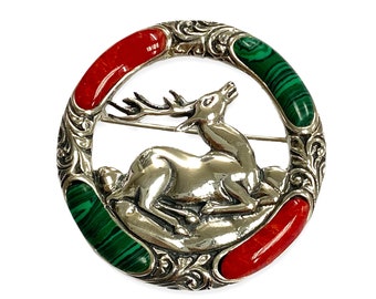 Victorian Style Scottish Red Coral and Green Malachite Floral Deer Brooch and Pendant 925 Sterling Silver