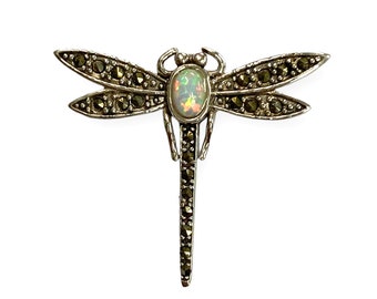 Victorian Style Dragonfly Pin Brooch with Gilson Opal and Marcasite Stone 925 Sterling Silver