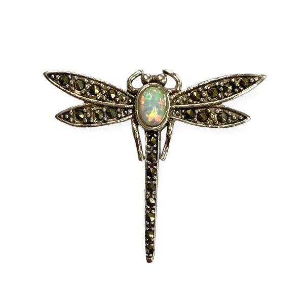 Victorian Style Dragonfly Pin Brooch with Gilson Opal and Marcasite Stone 925 Sterling Silver