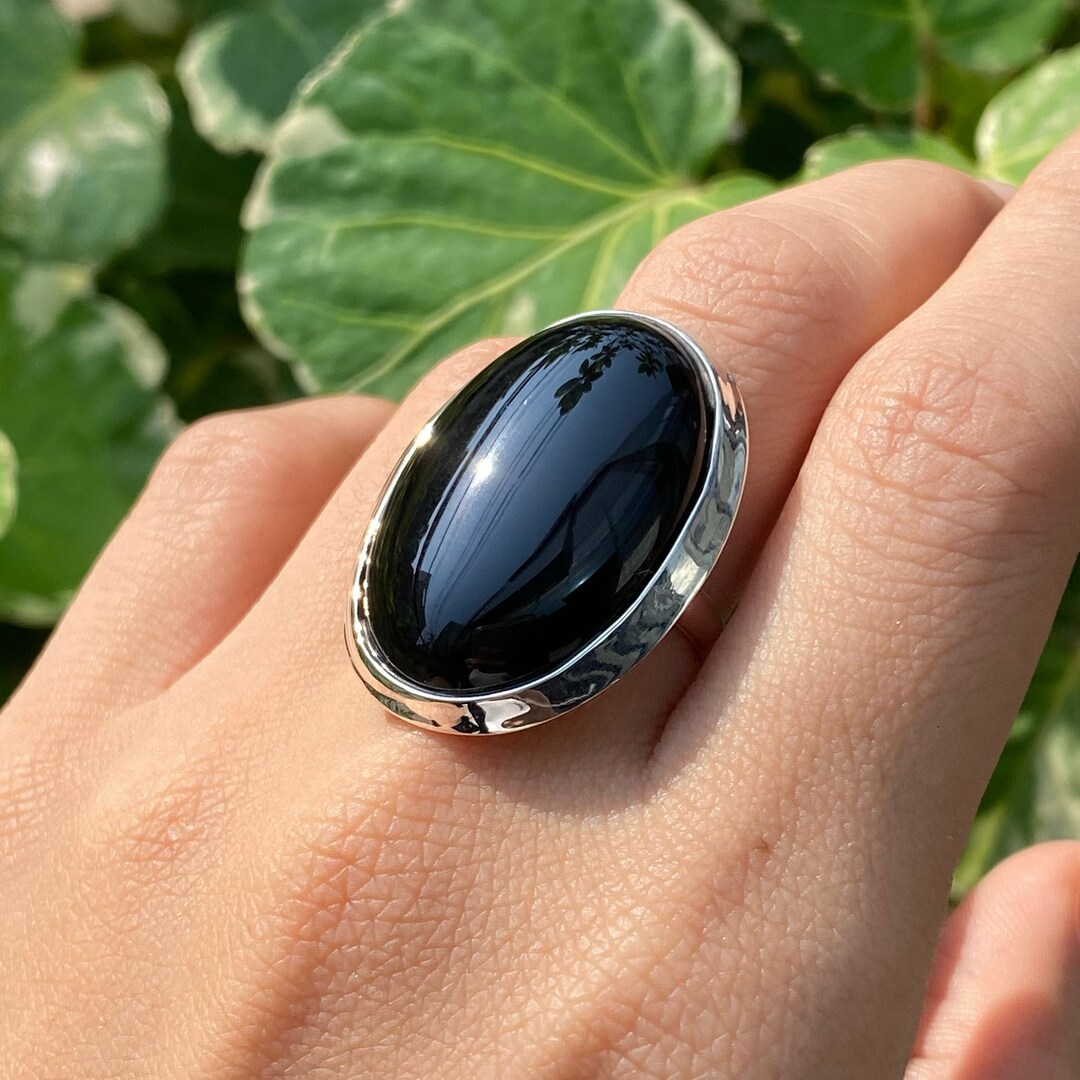 Large Oval Black Onyx Stone Ring 925 Sterling Silver Etsy