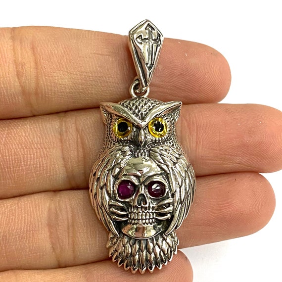 Gothic Style Owl Bird Holding Skull With Ruby Eyes Pendant 925 Sterling  Silver - Etsy