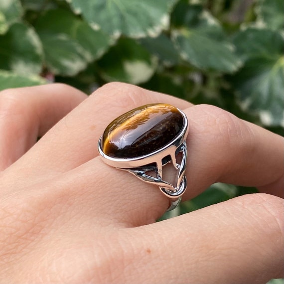 Boho Style Oval Tiger s Eye Ring 925 Sterling Silver Stone Size