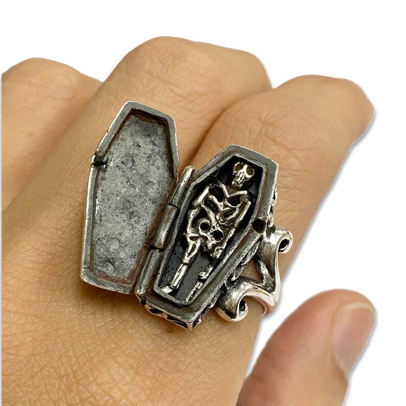Gothic Articulated Skeleton Skull Coffin Poison Ring 925 Etsy