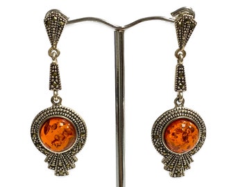 Art Deco Style Amber with Marcasite Long Drop Set Pendant and Earrings 925 Sterling Silver