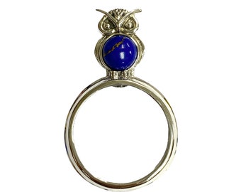 Art Nouveau Style Owl with Lapis Lazuli Magnifying Glass Loop Pendant 925 Sterling Silver