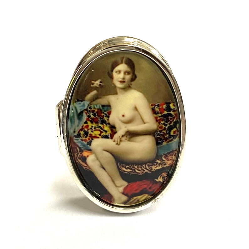 Victorian Style Enamel Erotic Lady Sitting Pill Snuff Box 925 Sterling Silver