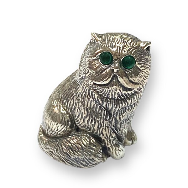 Figurine de collection de chat persan assis de style victorien avec yeux émeraude en argent sterling 925