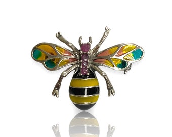 Art Nouveau Style Plique a Jour Enamel Bee / Wasp with Ruby Stones Pin Brooch and Pendant 925 Sterling Silver