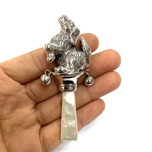Victorian Style Standing Dog Baby Rattle and Mother of Pearl Handle image 3