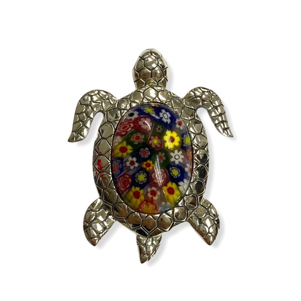 Victorian Style Turtle / Tortoise Pendant with Faux Millefiori Murano Glass 925 Sterling Silver