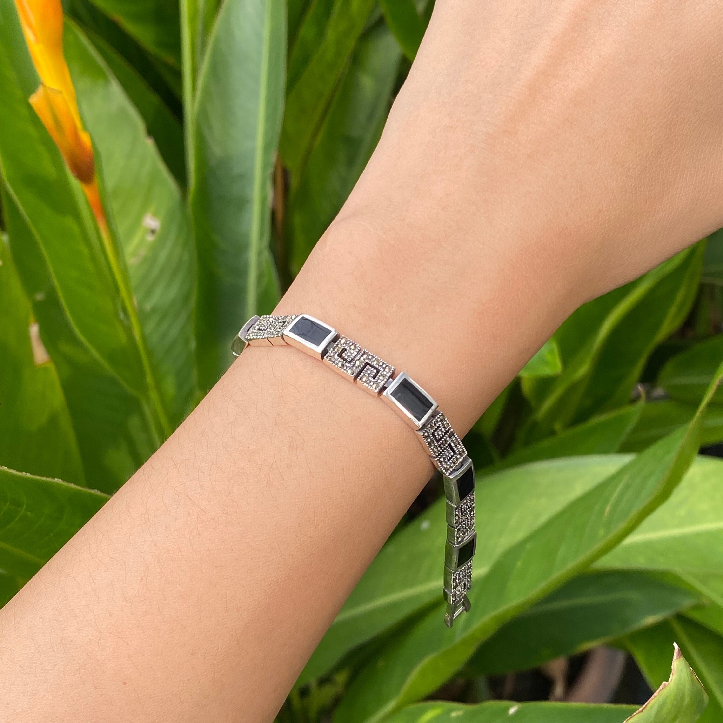 Art Deco Style Greek Key Bracelet With Black Onyx and Marcasite