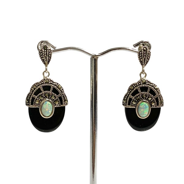 Art Deco Style Black Onyx with White Gilson Opal and Marcasite Set Pendant and Earrings 925 Sterling Silver