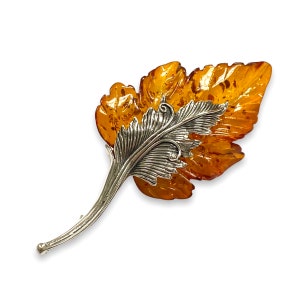 Art Nouveau Style Gorgeous Leaf Pin Brooch with Amber Stone 925 Sterling Silver