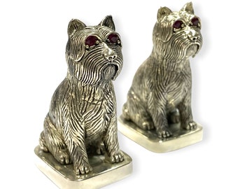 Novelty Scottish Terrie Dog Pair with Ruby Stone Salt and Pepper Shaker Pots 925 Sterling Silver Plated