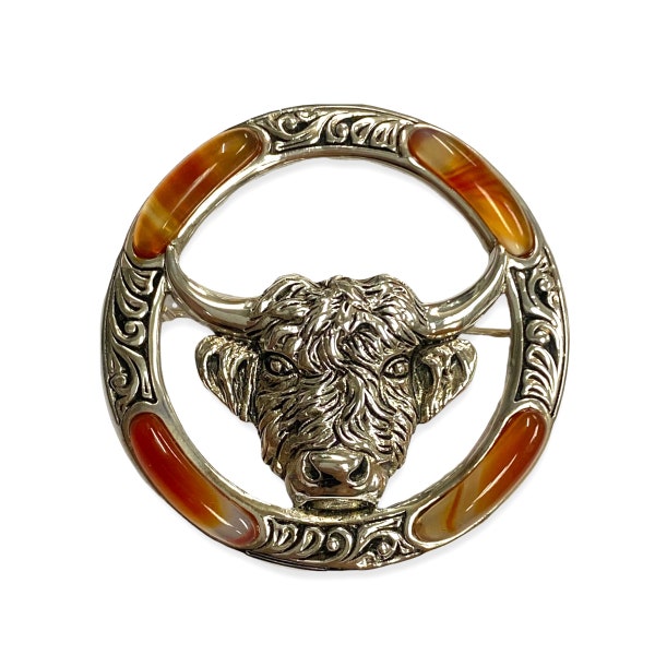 Victorian Style Scottish Agate Floral Bull Brooch and Pendant 925 Sterling Silver