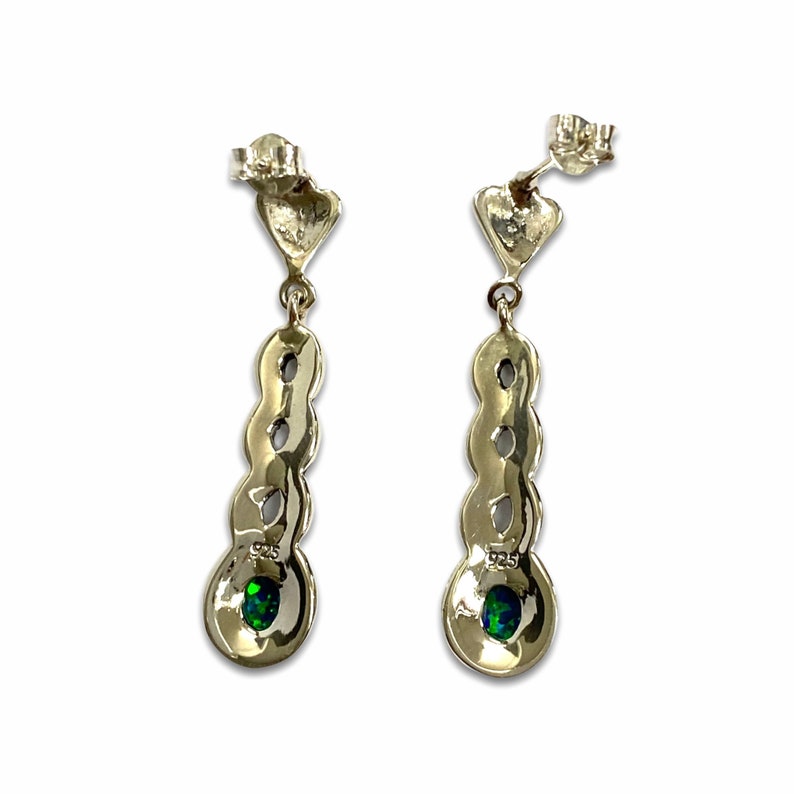 Art Deco Style Green Gilson Opal with Marcasite Stone Spiral Earrings 925 Sterling Silver