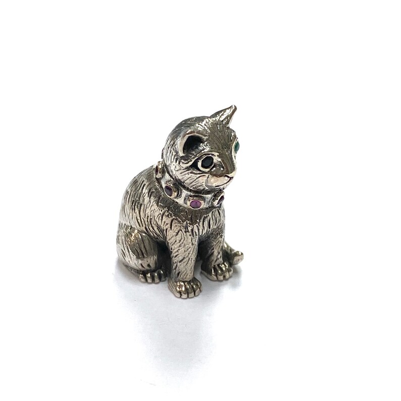 Collectable Victorian Style Crouching Cat Figurine Emerald Eyes 925 Sterling