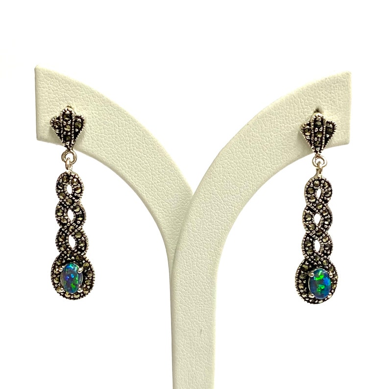 Art Deco Style Green Gilson Opal with Marcasite Stone Spiral Earrings 925 Sterling Silver