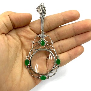 Victorian Style Emerald Magnifying Glass Loop Pendant 925 Sterling Silver image 2