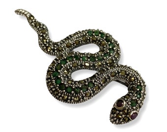Art Deco Style Snake Pin Brooch and Pendant with Emerald and  Marcasite Stone 925 Sterling Silver