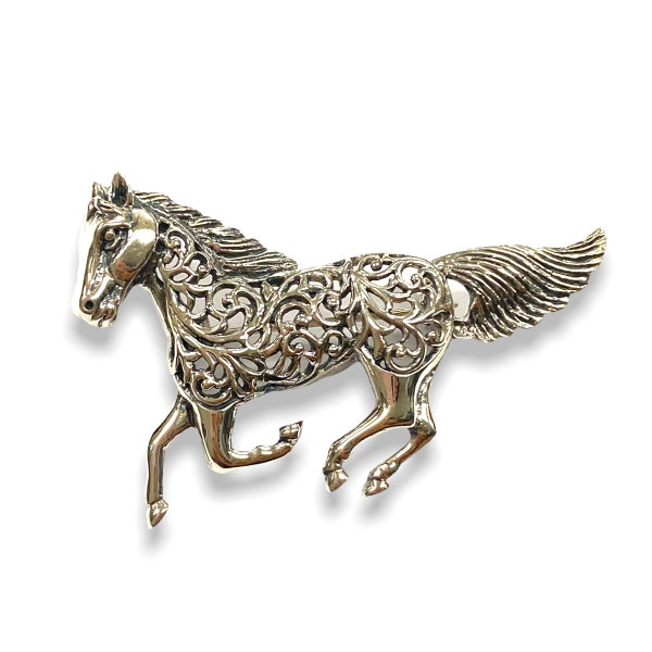 Broche cheval en filigrane en trelis de style victorien de qualité, argent sterling 925