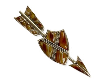 Victorian Style Shield and Arrow Scottish Agate Pin Brooch 925 Sterling Silver