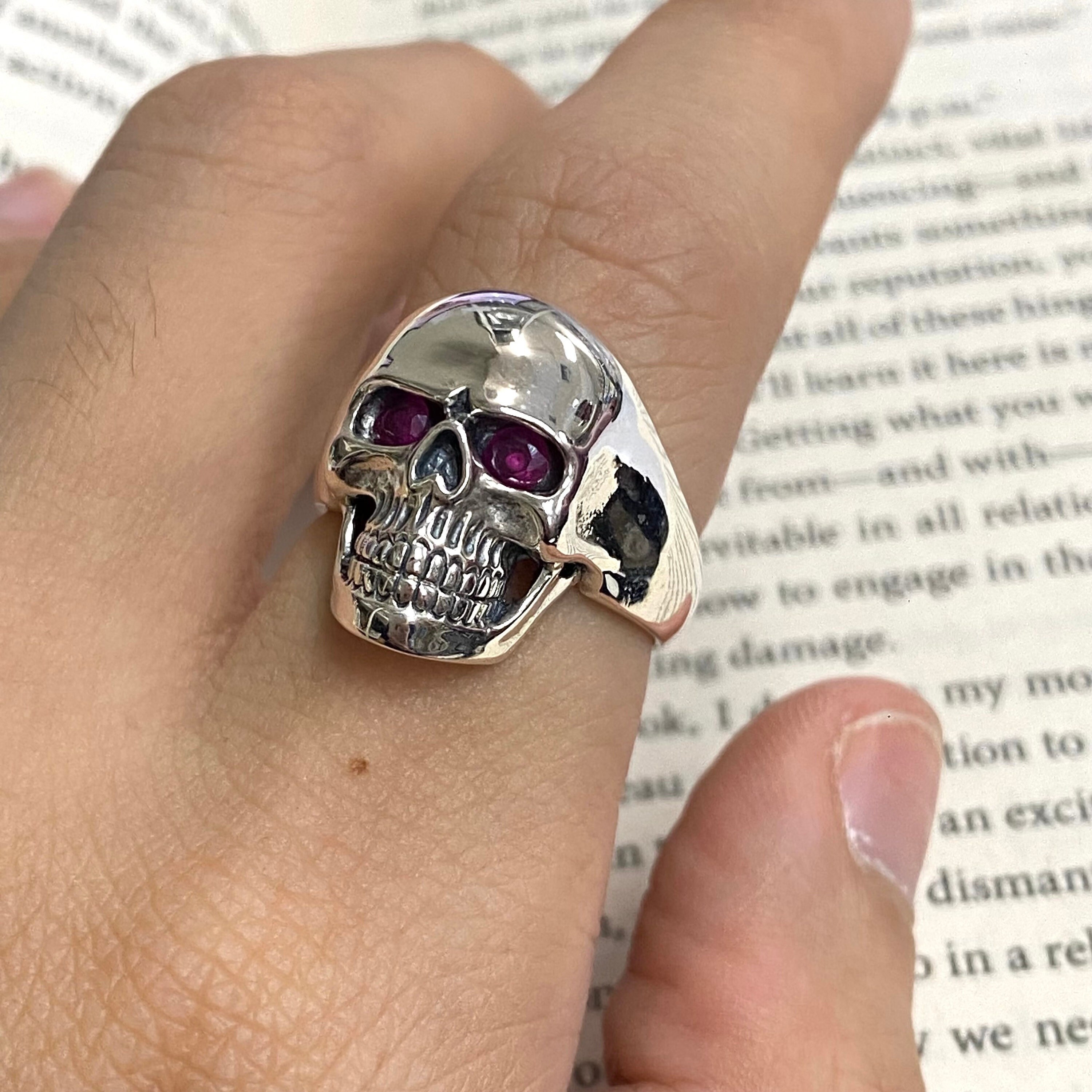 Large Victorian Gothic Style Skull Ring With Ruby Stone 925