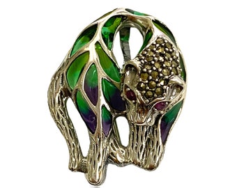 Art Nouveau Style Plique a Jour Enamel Panther with Ruby and Marcasite Pin Brooch and Pendant 925 Sterling Silver