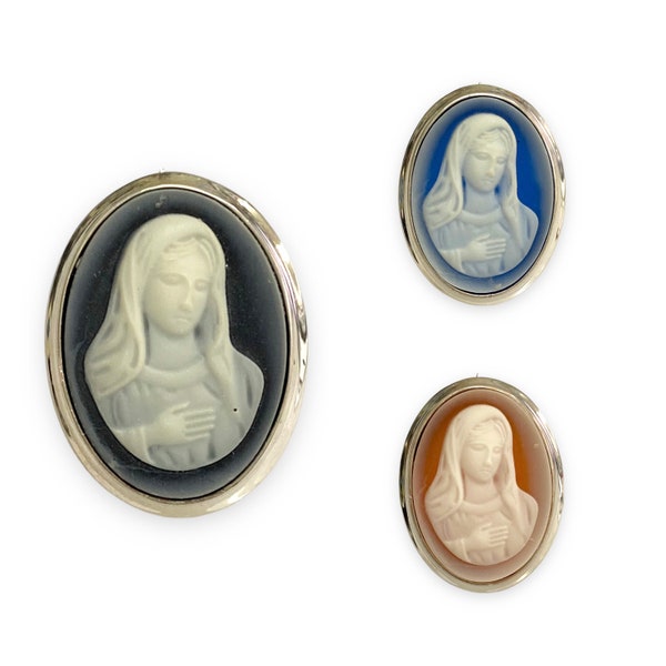 Miniature Victorian Style Resin Religious Mary Cameo Pin Brooch 925 Sterling Silver : Dimensions - 2.2 x 2.8 cm